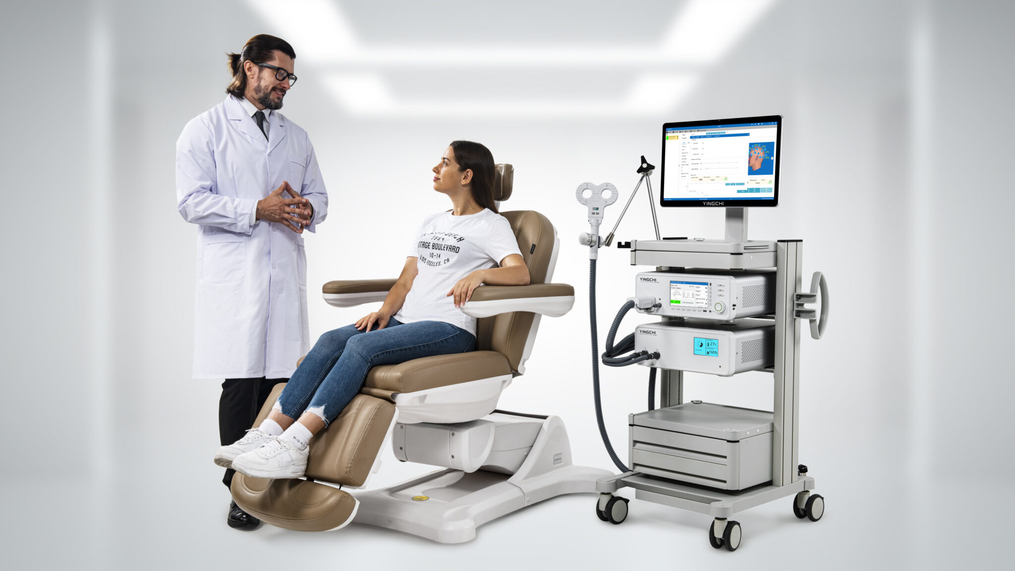 A modern clinic room with advanced medical equipment and natural light, creating a welcoming atmosphere.