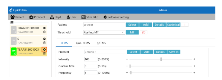 QuickStim protocol creation screen