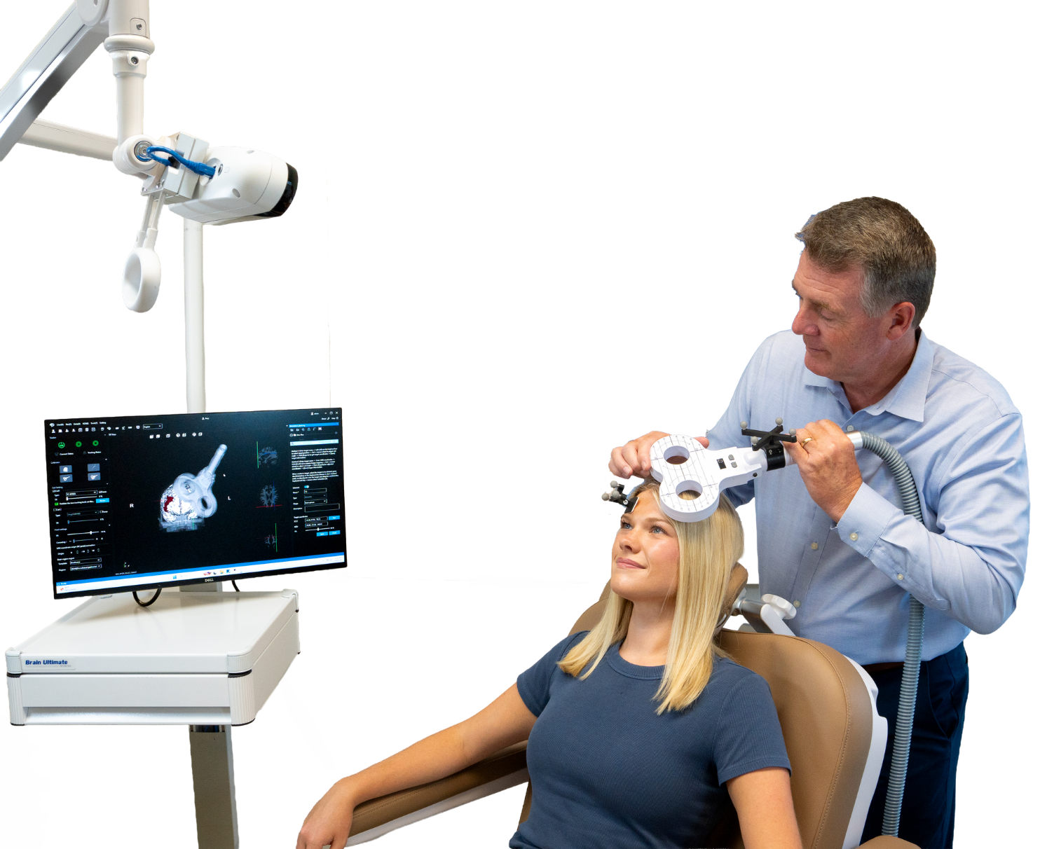 Clinician positioning the tracked TMS coil on a patient's head with Brain Ultimate Neuronavigation — the optical tracking camera overhead and the navigation display on the cart.