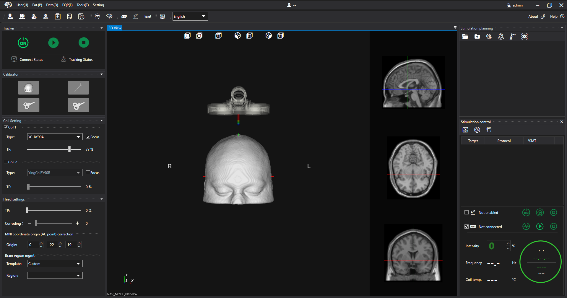 The neuronavigation software main window, showing tracker and calibration controls, coil settings, a 3D head model with the tracked coil above it, three orthogonal slice views, and the stimulation planning and control panels together on one screen.